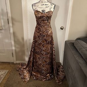 Mori Lee Leopard Prom Dress Lace Up Corset Back and Attached Overskirt Train NWT